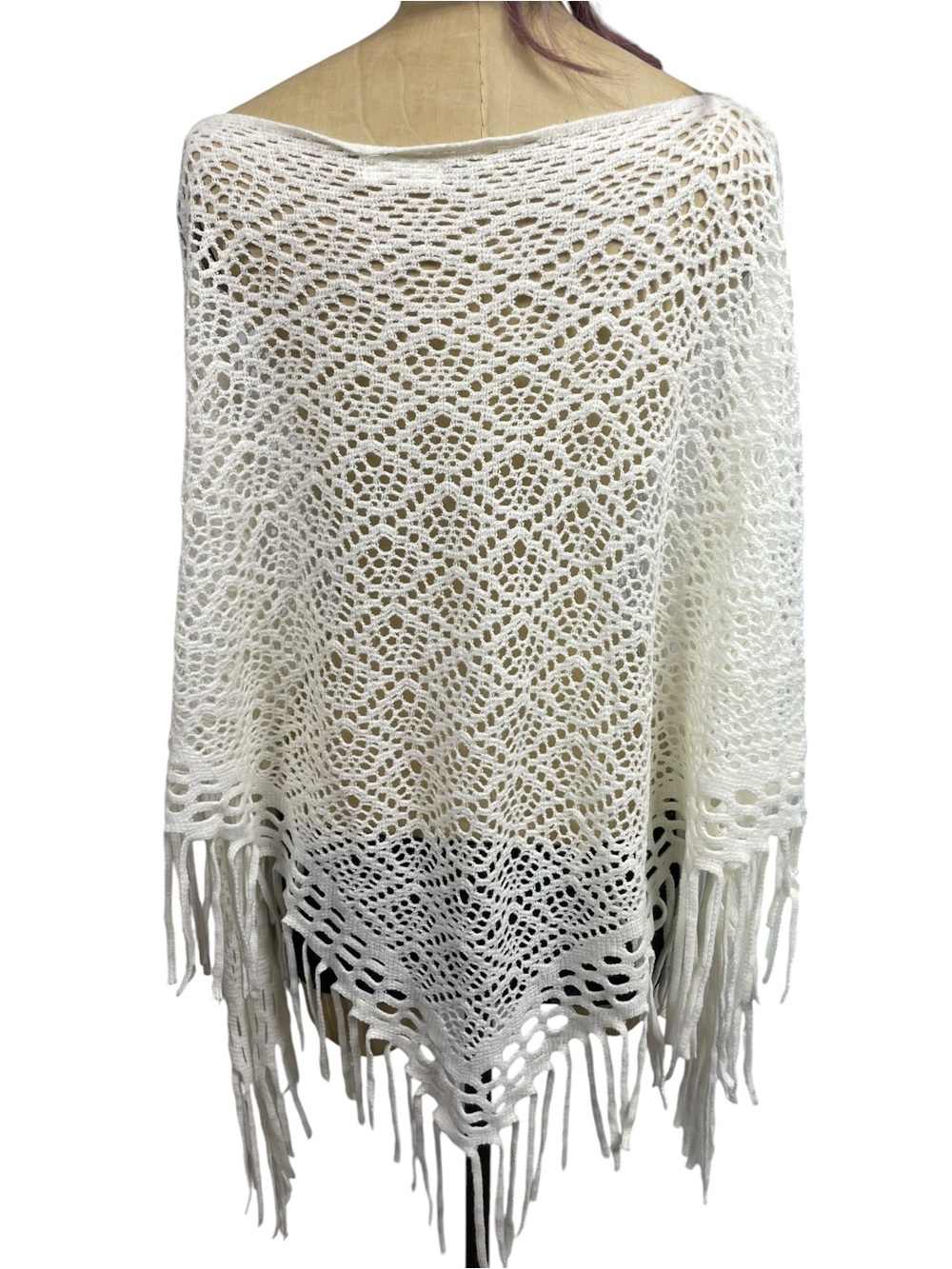 White Open Knit Poncho Crochet Boho Cape Fringe One Size Soft Cottage Whimsy - Picture 3 of 12